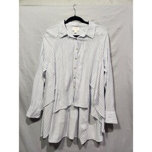Everly Layered Blue And White Striped High Low Button Up Flowy Blouse Sz Large